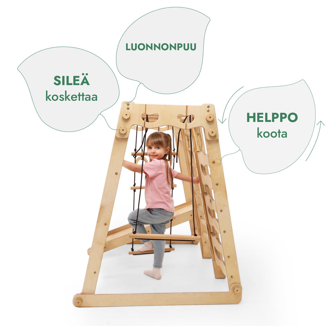 Kuusi yhdessä sisäkiipeilyteline lapsille: leikkipaikka + keinusetti + liukuramppi + köydet + portaat