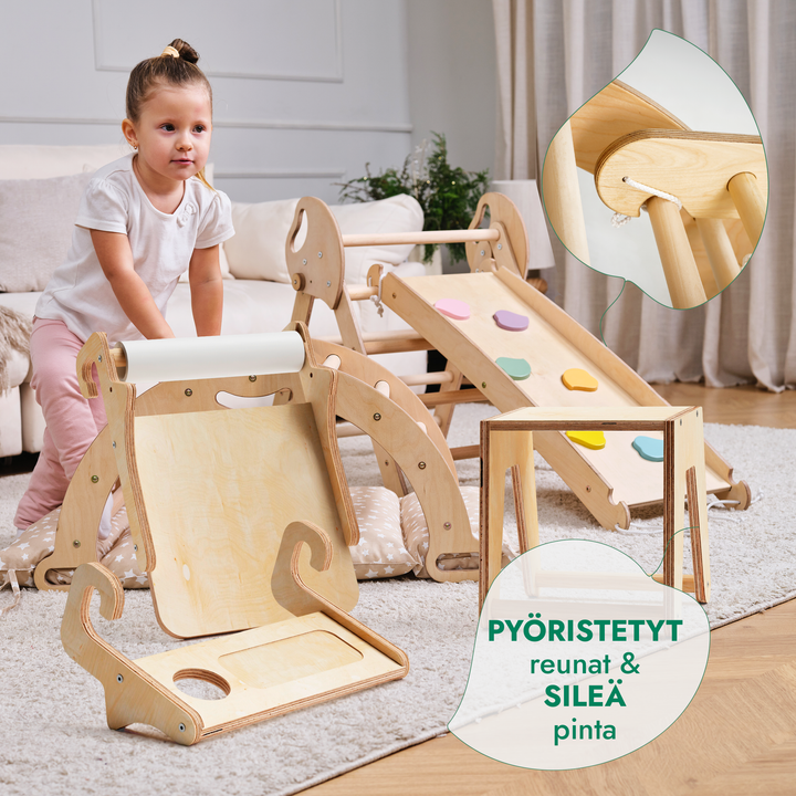 Neljä yhdessä Montessori-kiipeilysetti: Kolmiotikkaat + Kiipeilykaari + Liukuramppi + Taide-lisäosa + Pehmuste (1-3-v.)