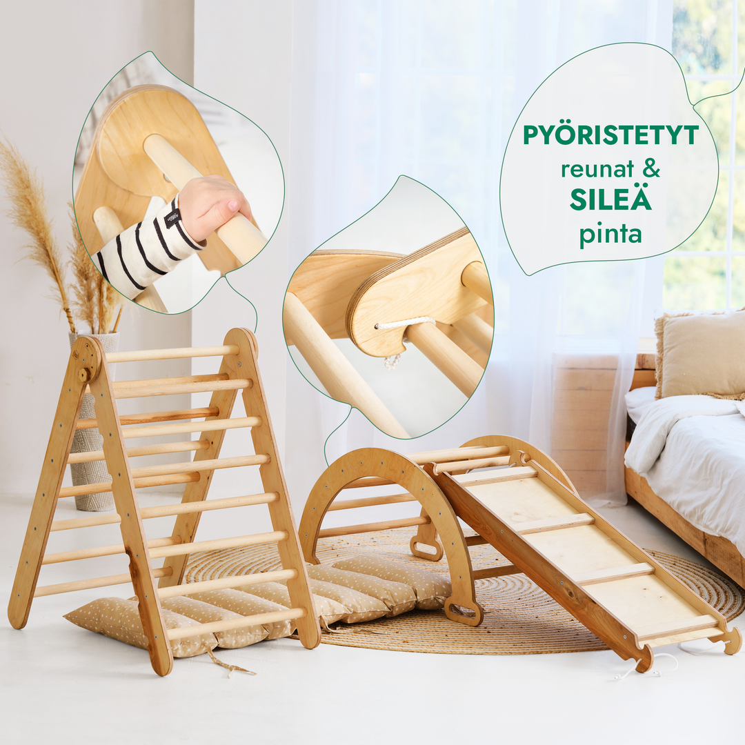 Neljä yhdessä Montessori-kiipeilysetti: Kolmiotikkaat + Kiipeilykaari + Liukuramppi & Pehmuste