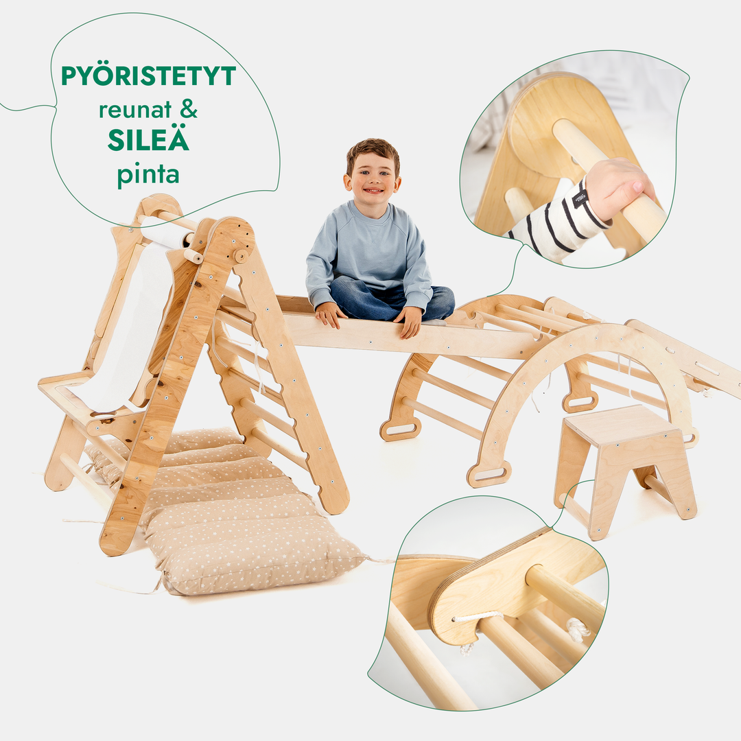Kuusi yhdessä Montessori-kiipeilysetti: Kolmiotikkaat + Kiipeily- ja Keinukaari + Liukuramppi + Kiipeilyverkko + Pehmuste + Taide-lisäosa