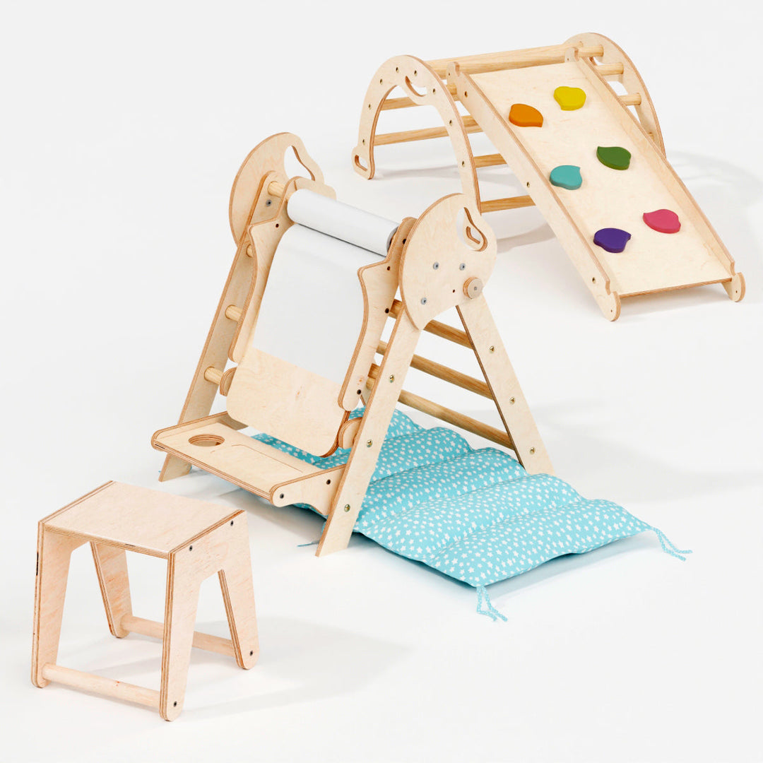 Neljä yhdessä Montessori-kiipeilysetti: Kolmiotikkaat + Kiipeilykaari + Liukuramppi + Taide-lisäosa + Pehmuste (1-3-v.)