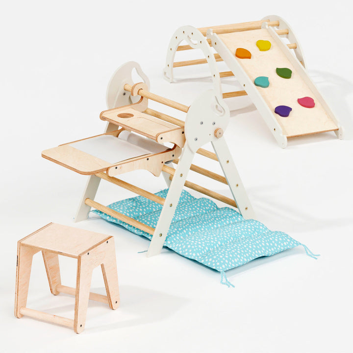 Neljä yhdessä Montessori-kiipeilysetti: Kolmiotikkaat + Kiipeilykaari + Liukuramppi + Taide-lisäosa + Pehmuste (1-3-v.)