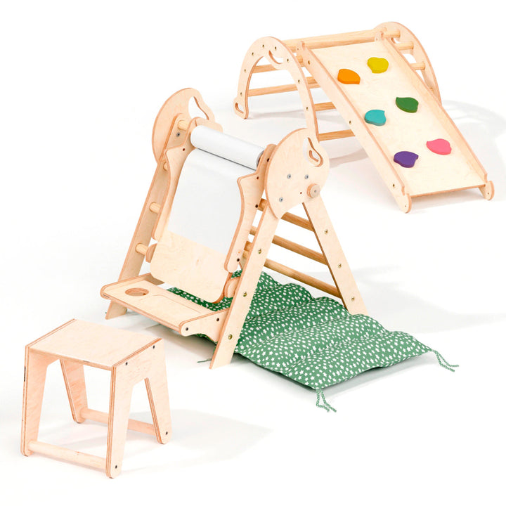 Neljä yhdessä Montessori-kiipeilysetti: Kolmiotikkaat + Kiipeilykaari + Liukuramppi + Taide-lisäosa + Pehmuste (1-3-v.)