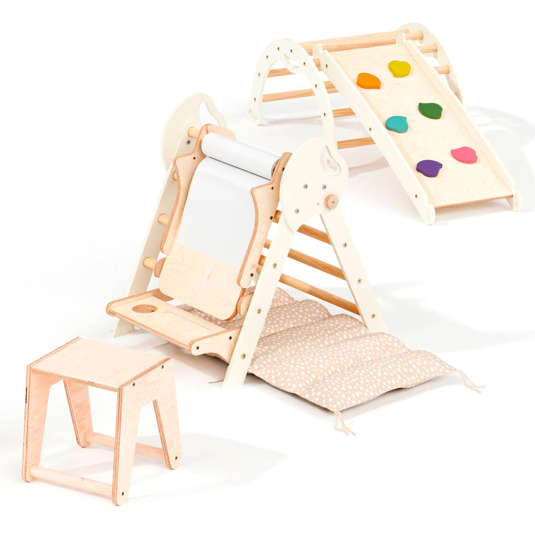 Neljä yhdessä Montessori-kiipeilysetti: Kolmiotikkaat + Kiipeilykaari + Liukuramppi + Taide-lisäosa + Pehmuste (1-3-v.)
