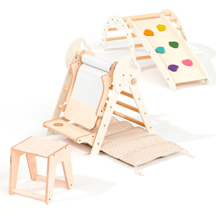 Neljä yhdessä Montessori-kiipeilysetti: Kolmiotikkaat + Kiipeilykaari + Liukuramppi + Taide-lisäosa + Pehmuste (1-3-v.)