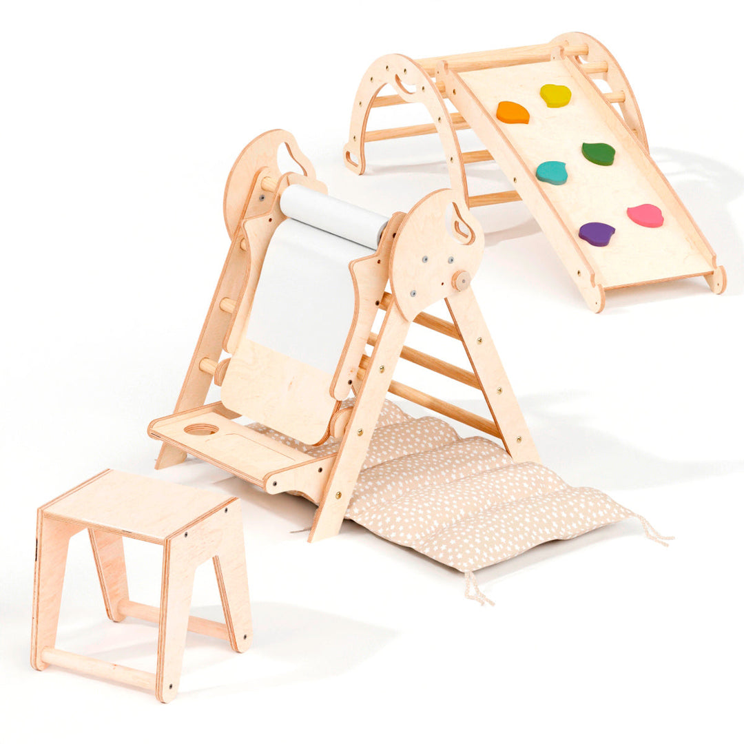Neljä yhdessä Montessori-kiipeilysetti: Kolmiotikkaat + Kiipeilykaari + Liukuramppi + Taide-lisäosa + Pehmuste (1-3-v.)