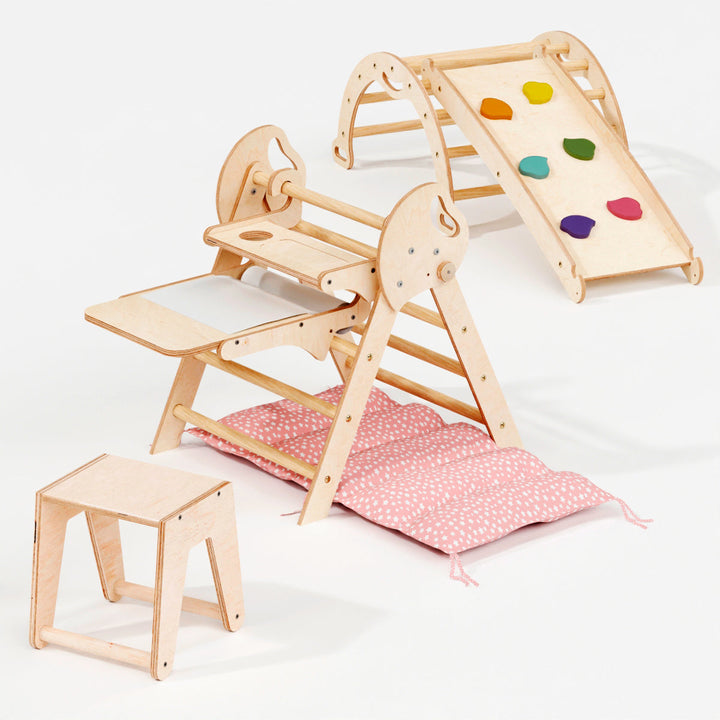 Neljä yhdessä Montessori-kiipeilysetti: Kolmiotikkaat + Kiipeilykaari + Liukuramppi + Taide-lisäosa + Pehmuste (1-3-v.)