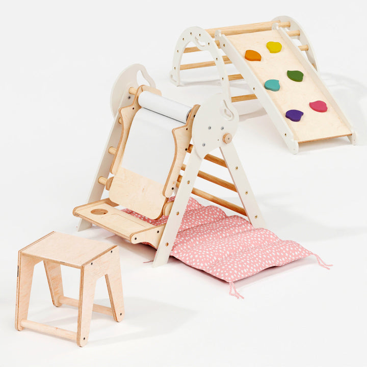 Neljä yhdessä Montessori-kiipeilysetti: Kolmiotikkaat + Kiipeilykaari + Liukuramppi + Taide-lisäosa + Pehmuste (1-3-v.)