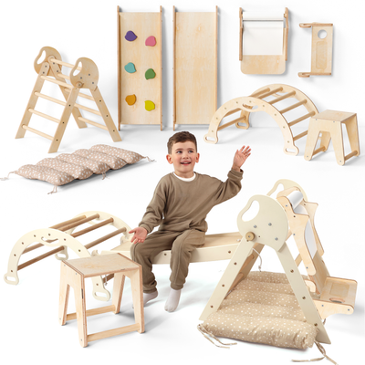 Neljä yhdessä Montessori-kiipeilysetti: Kolmiotikkaat + Kiipeilykaari + Liukuramppi + Taide-lisäosa + Pehmuste (1-3-v.)