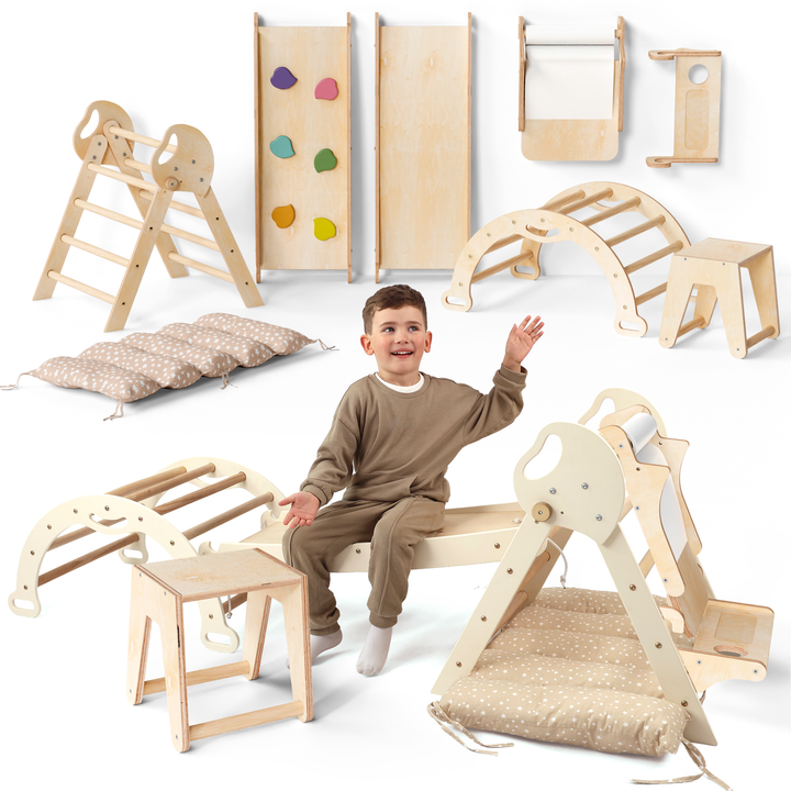 Neljä yhdessä Montessori-kiipeilysetti: Kolmiotikkaat + Kiipeilykaari + Liukuramppi + Taide-lisäosa + Pehmuste (1-3-v.)
