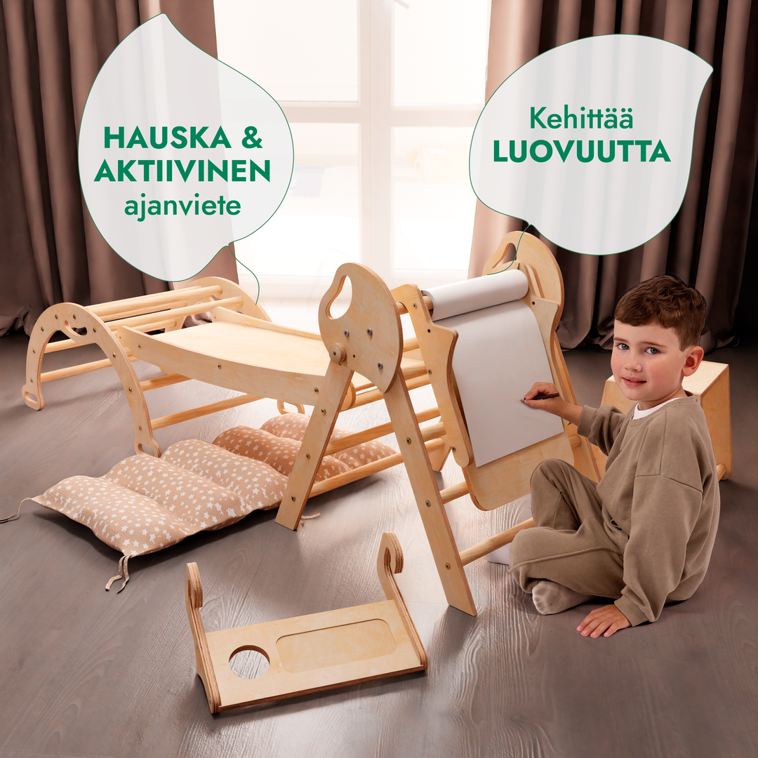 Neljä yhdessä Montessori-kiipeilysetti: Kolmiotikkaat + Kiipeilykaari + Liukuramppi + Taide-lisäosa + Pehmuste (1-3-v.)