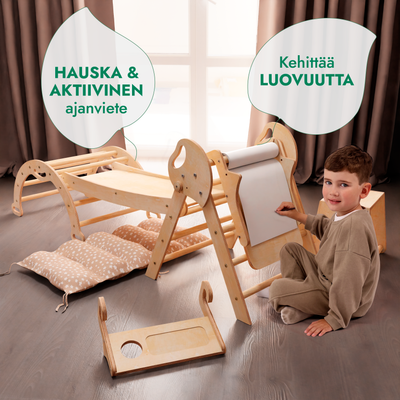 Neljä yhdessä Montessori-kiipeilysetti: Kolmiotikkaat + Kiipeilykaari + Liukuramppi + Taide-lisäosa + Pehmuste (1-3-v.)