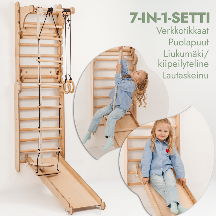 Kuusi yhdessä puiset puolapuut /kiipeilytikkaat lapsille + keinusetti + liukuramppi + Taide-lisäosa