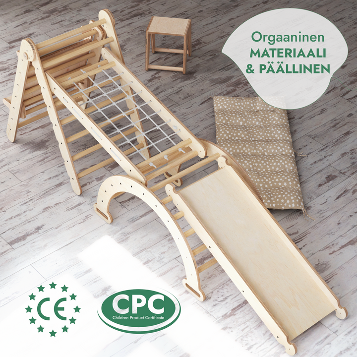 Kuusi yhdessä Montessori-kiipeilysetti: Kolmiotikkaat + Kiipeily- ja Keinukaari + Liukuramppi + Kiipeilyverkko + Pehmuste + Taide-lisäosa