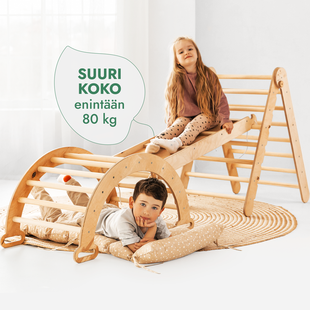 Neljä yhdessä Montessori-kiipeilysetti: Kolmiotikkaat + Kiipeilykaari + Liukuramppi & Pehmuste