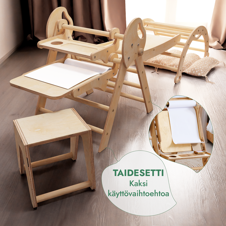 Neljä yhdessä Montessori-kiipeilysetti: Kolmiotikkaat + Kiipeilykaari + Liukuramppi + Taide-lisäosa + Pehmuste (1-3-v.)