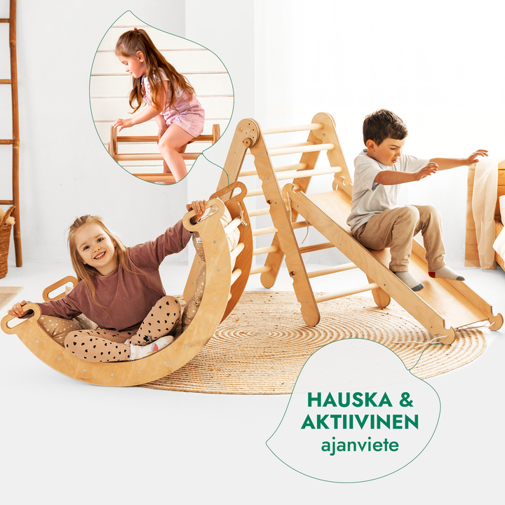Neljä yhdessä Montessori-kiipeilysetti: Kolmiotikkaat + Kiipeilykaari + Liukuramppi & Pehmuste
