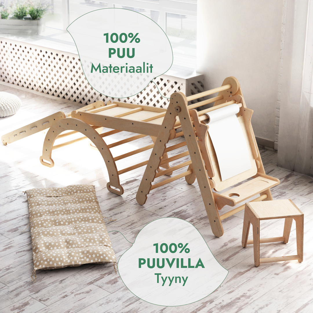 Kuusi yhdessä Montessori-kiipeilysetti: Kolmiotikkaat + Kiipeily- ja Keinukaari + Liukuramppi + Kiipeilyverkko + Pehmuste + Taide-lisäosa