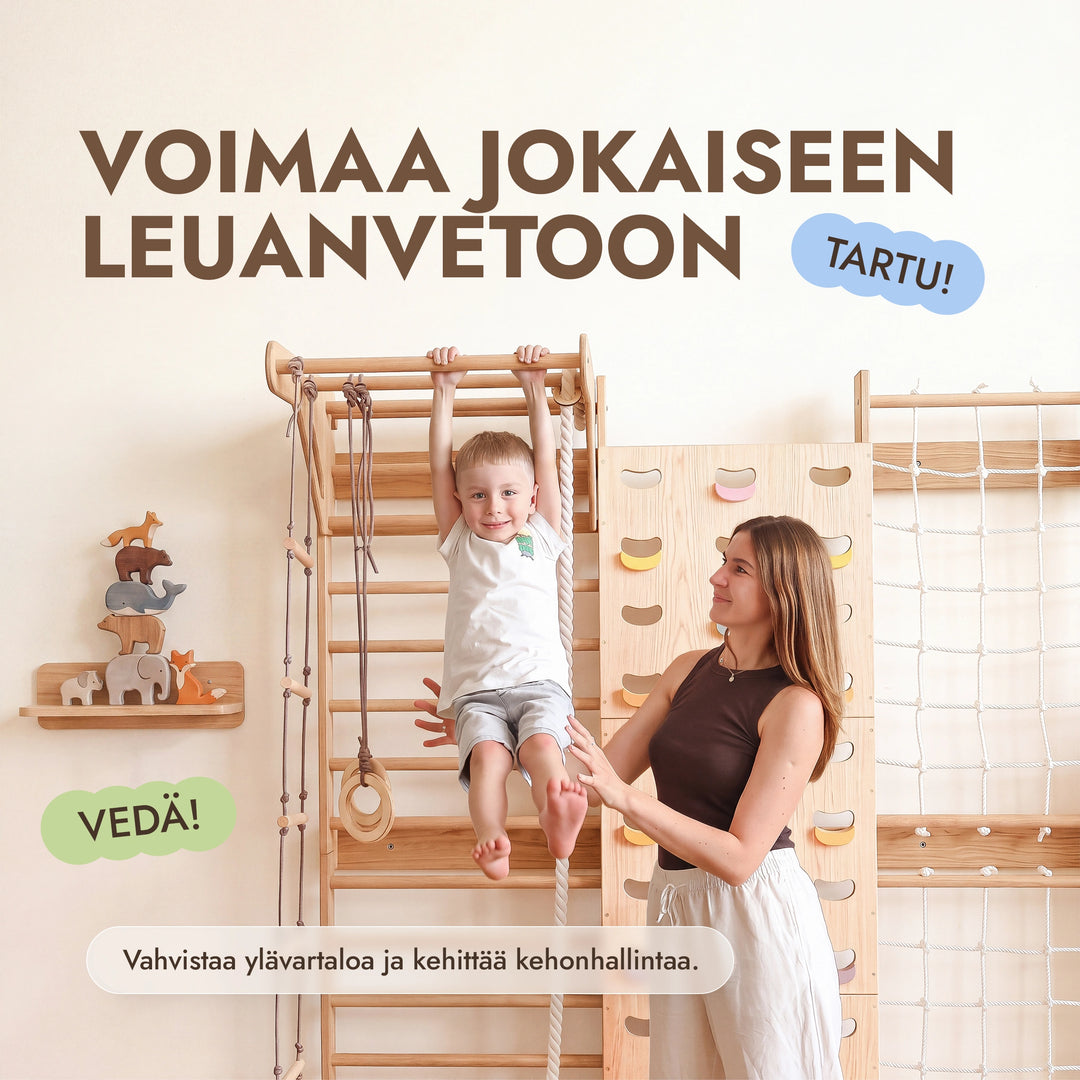 7-in-1 Kiipeilyseinä lapsille: puolapuut, kiipeilyverkko & 3in1 keinusetti