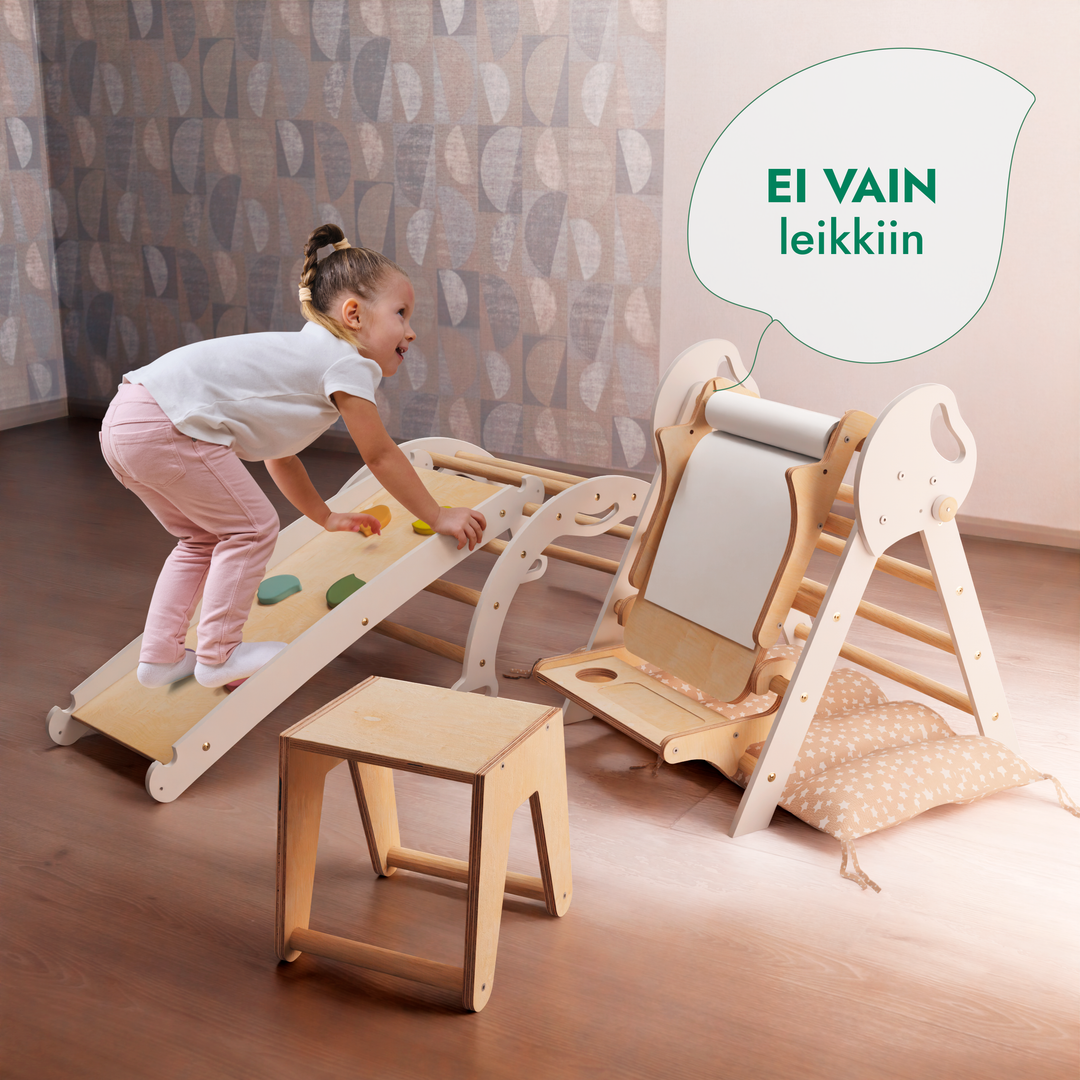 Neljä yhdessä Montessori-kiipeilysetti: Kolmiotikkaat + Kiipeilykaari + Liukuramppi + Taide-lisäosa + Pehmuste (1-3-v.)