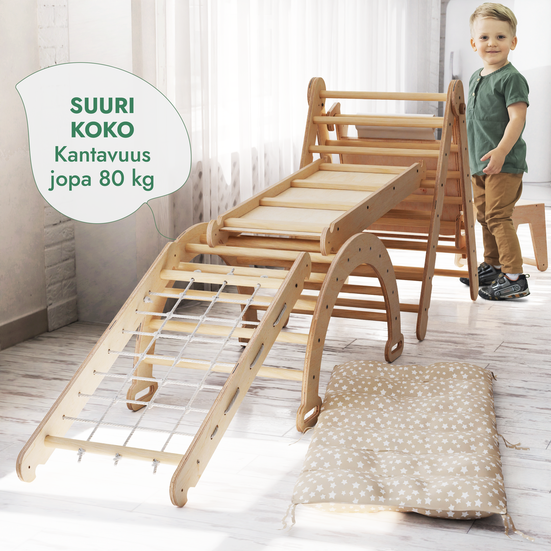 Kuusi yhdessä Montessori-kiipeilysetti: Kolmiotikkaat + Kiipeily- ja Keinukaari + Liukuramppi + Kiipeilyverkko + Pehmuste + Taide-lisäosa