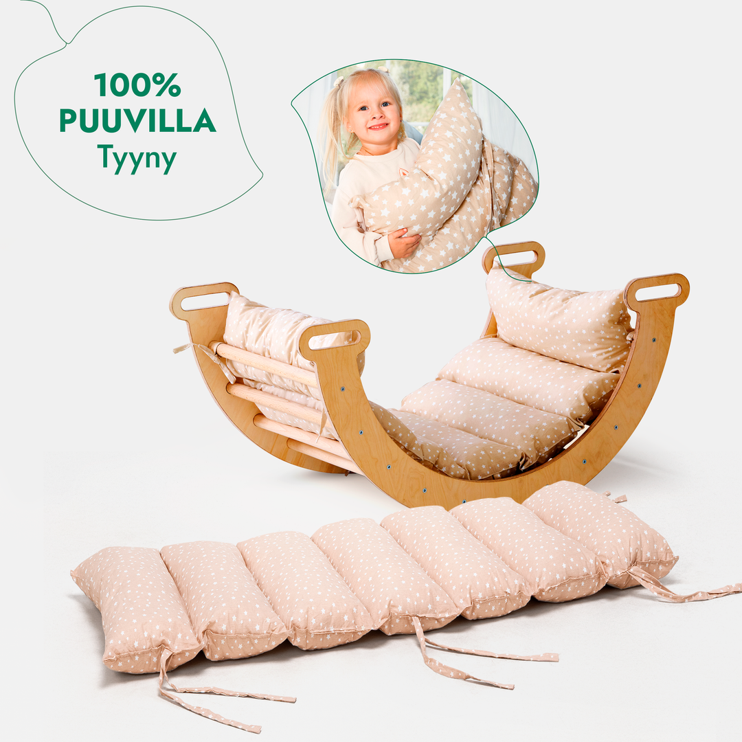 Neljä yhdessä Montessori-kiipeilysetti: Kolmiotikkaat + Kiipeilykaari + Liukuramppi & Pehmuste