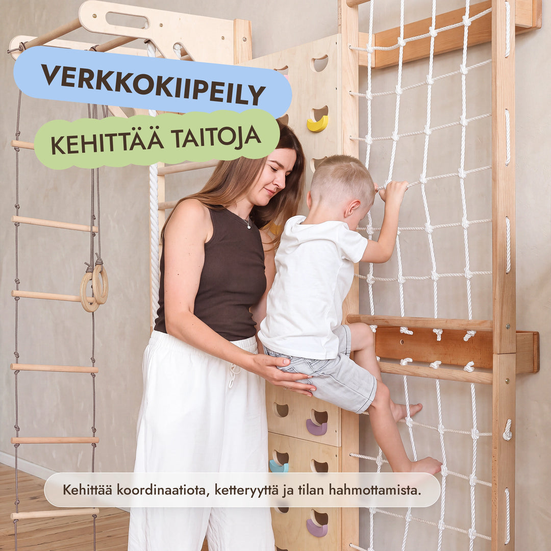 7-in-1 Kiipeilyseinä lapsille: puolapuut, kiipeilyverkko & 3in1 keinusetti