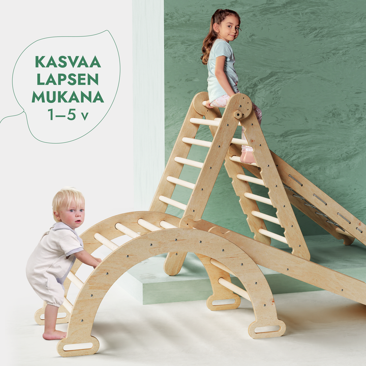 Neljä yhdessä Montessori-kiipeilysetti: Kolmiotikkaat + Kiipeilykaari + Liukuramppi + Verkko