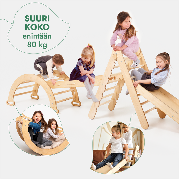 Neljä yhdessä Montessori-kiipeilysetti: Kolmiotikkaat + Kiipeilykaari + Liukuramppi + Verkko