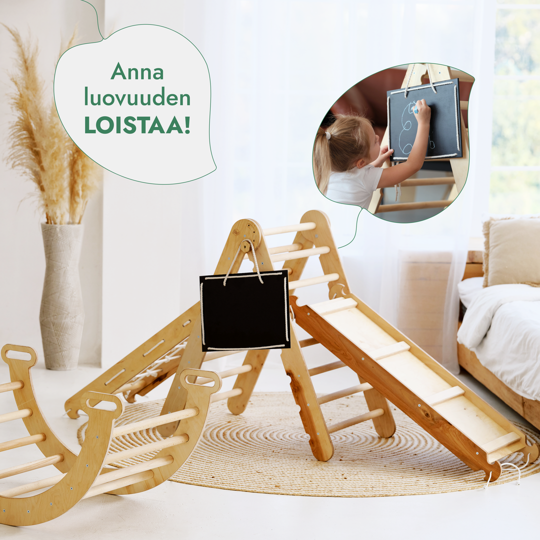 Neljä yhdessä Montessori-kiipeilysetti: Kolmiotikkaat + Kiipeilykaari + Liukuramppi + Verkko