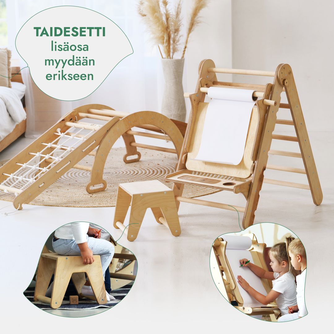 Neljä yhdessä Montessori-kiipeilysetti: Kolmiotikkaat + Kiipeilykaari + Liukuramppi + Verkko