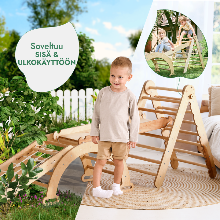 Neljä yhdessä Montessori-kiipeilysetti: Kolmiotikkaat + Kiipeilykaari + Liukuramppi + Verkko