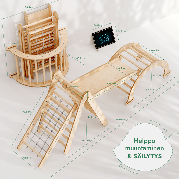 Neljä yhdessä Montessori-kiipeilysetti: Kolmiotikkaat + Kiipeilykaari + Liukuramppi + Verkko