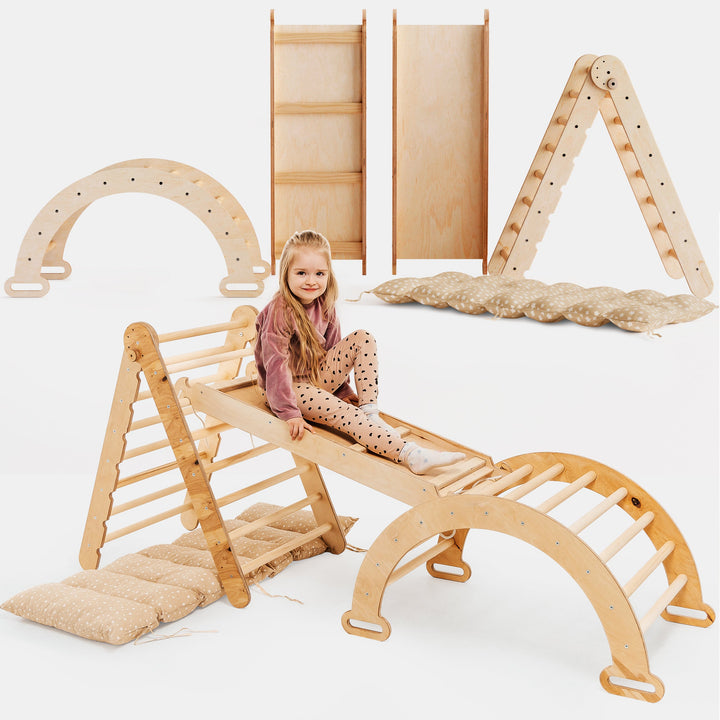 Neljä yhdessä Montessori-kiipeilysetti: Kolmiotikkaat + Kiipeilykaari + Liukuramppi & Pehmuste