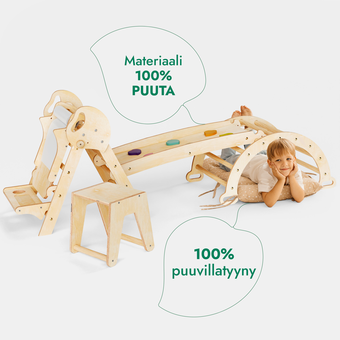 Neljä yhdessä Montessori-kiipeilysetti: Kolmiotikkaat + Kiipeilykaari + Liukuramppi + Taide-lisäosa + Pehmuste (1-3-v.)