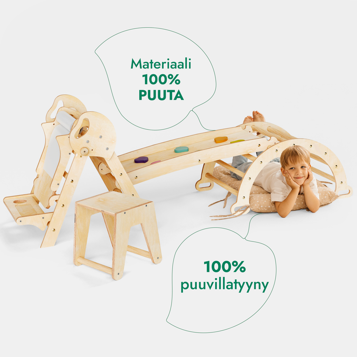 Neljä yhdessä Montessori-kiipeilysetti: Kolmiotikkaat + Kiipeilykaari + Liukuramppi + Taide-lisäosa + Pehmuste (1-3-v.)