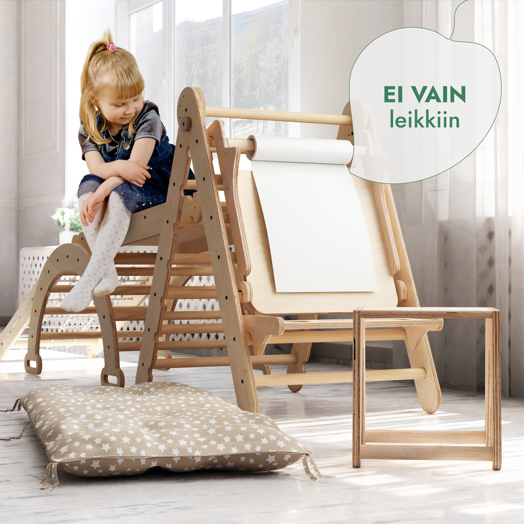 Kuusi yhdessä Montessori-kiipeilysetti: Kolmiotikkaat + Kiipeily- ja Keinukaari + Liukuramppi + Kiipeilyverkko + Pehmuste + Taide-lisäosa