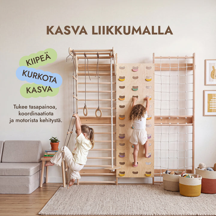 7-in-1 Kiipeilyseinä lapsille: puolapuut, kiipeilyverkko & 3in1 keinusetti