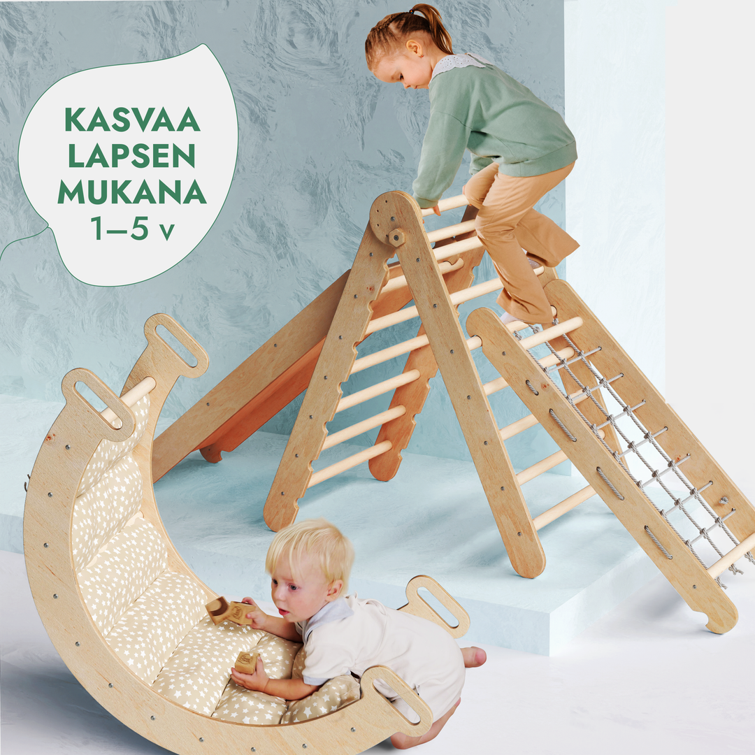 Viisi yhdessä Montessori-kiipeilysetti: Kolmiotikkaat + Kiipeily- ja Keinukaari + Liukuramppi + Verkkoköysi + Pehmuste