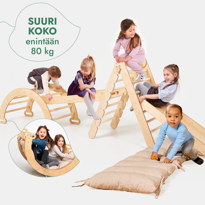 Viisi yhdessä Montessori-kiipeilysetti: Kolmiotikkaat + Kiipeily- ja Keinukaari + Liukuramppi + Verkkoköysi + Pehmuste
