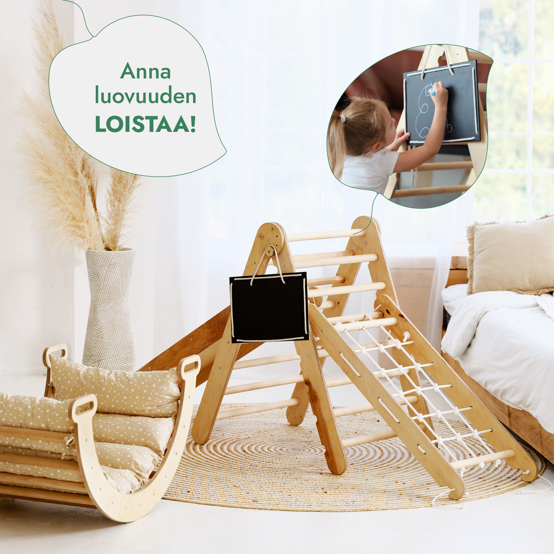 Viisi yhdessä Montessori-kiipeilysetti: Kolmiotikkaat + Kiipeily- ja Keinukaari + Liukuramppi + Verkkoköysi + Pehmuste