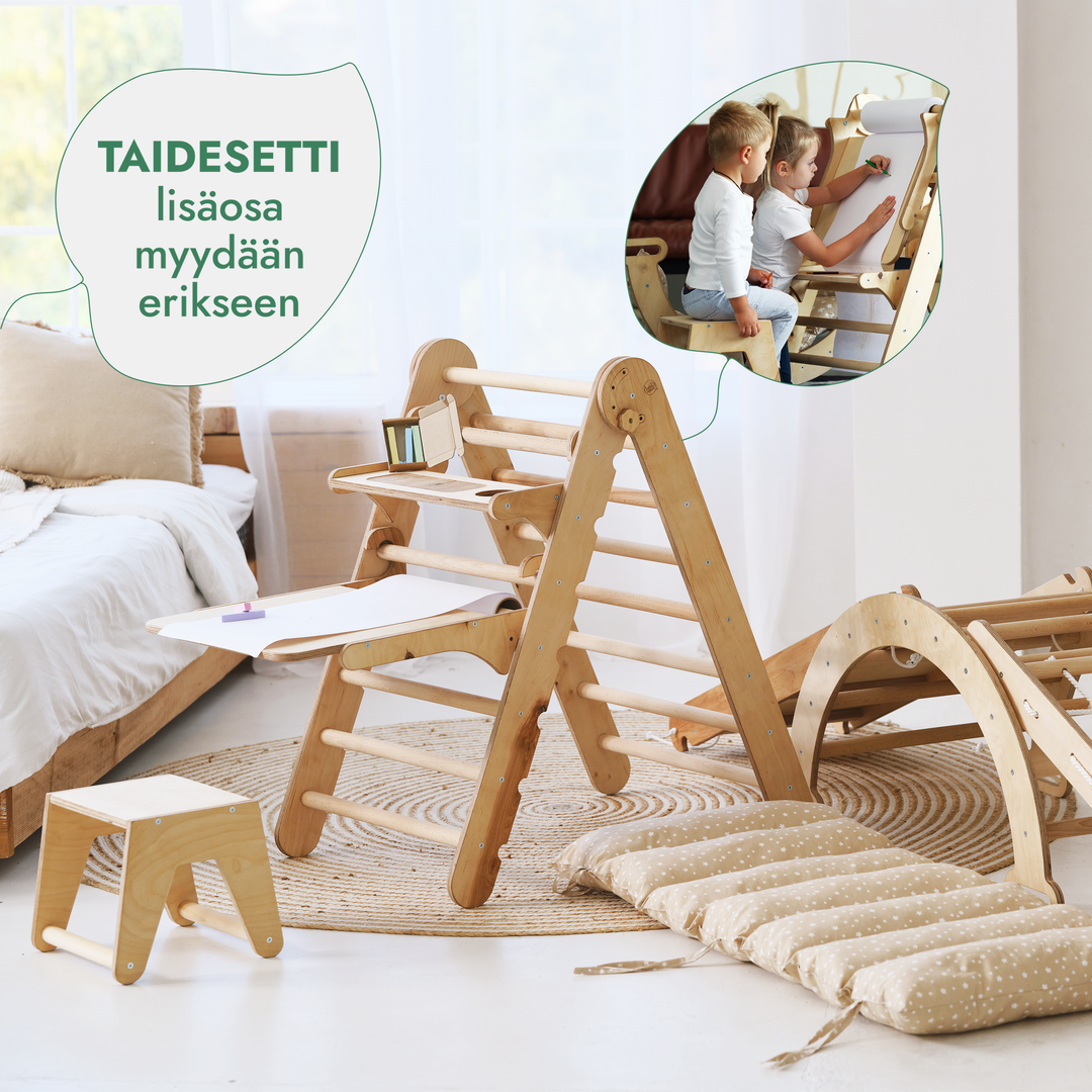 Viisi yhdessä Montessori-kiipeilysetti: Kolmiotikkaat + Kiipeily- ja Keinukaari + Liukuramppi + Verkkoköysi + Pehmuste