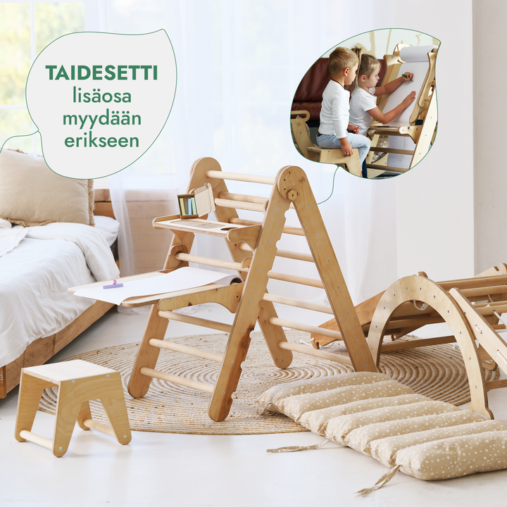Viisi yhdessä Montessori-kiipeilysetti: Kolmiotikkaat + Kiipeily- ja Keinukaari + Liukuramppi + Verkkoköysi + Pehmuste