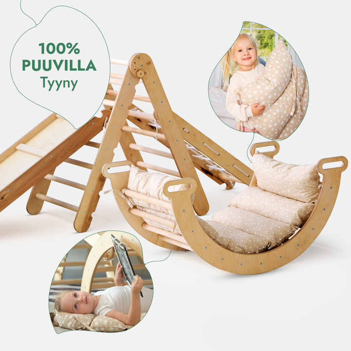 Viisi yhdessä Montessori-kiipeilysetti: Kolmiotikkaat + Kiipeily- ja Keinukaari + Liukuramppi + Verkkoköysi + Pehmuste