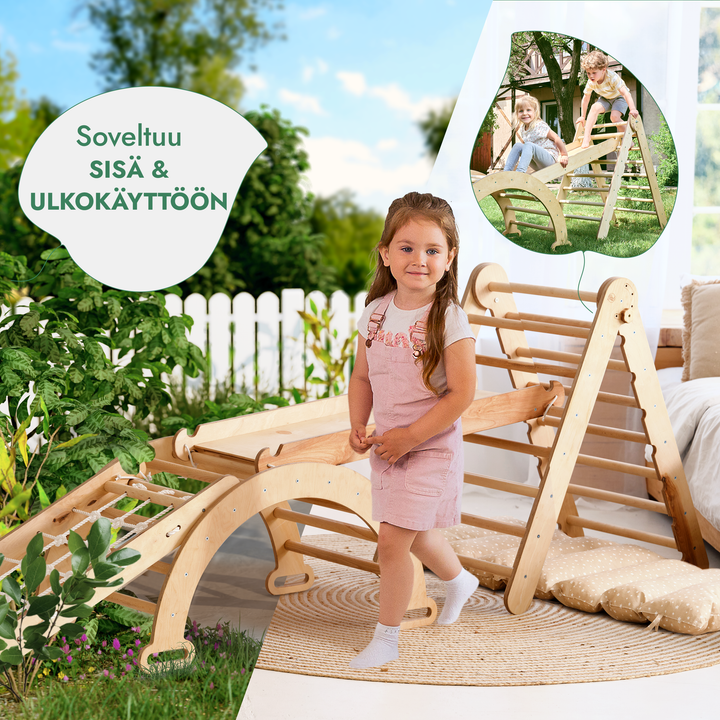 Viisi yhdessä Montessori-kiipeilysetti: Kolmiotikkaat + Kiipeily- ja Keinukaari + Liukuramppi + Verkkoköysi + Pehmuste
