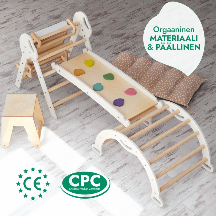 Neljä yhdessä Montessori-kiipeilysetti: Kolmiotikkaat + Kiipeilykaari + Liukuramppi + Taide-lisäosa + Pehmuste (1-3-v.)