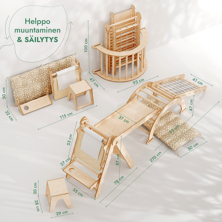 Kuusi yhdessä Montessori-kiipeilysetti: Kolmiotikkaat + Kiipeily- ja Keinukaari + Liukuramppi + Kiipeilyverkko + Pehmuste + Taide-lisäosa