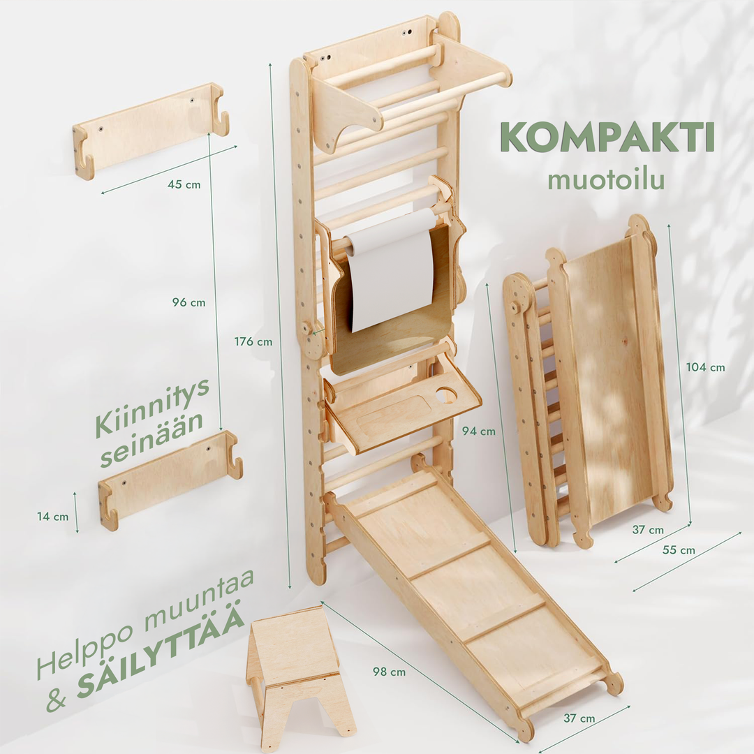 Kuusi yhdessä puiset puolapuut /kiipeilytikkaat lapsille + keinusetti + liukuramppi + Taide-lisäosa