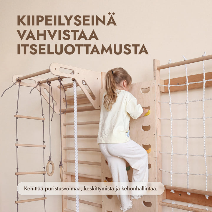 7-in-1 Kiipeilyseinä lapsille: puolapuut, kiipeilyverkko & 3in1 keinusetti