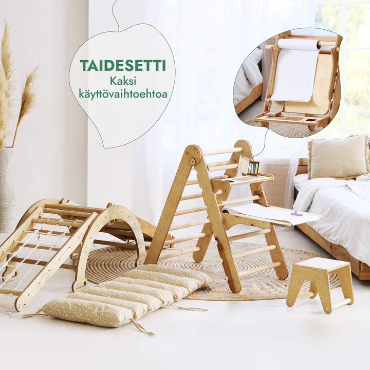 Kuusi yhdessä Montessori-kiipeilysetti: Kolmiotikkaat + Kiipeily- ja Keinukaari + Liukuramppi + Kiipeilyverkko + Pehmuste + Taide-lisäosa